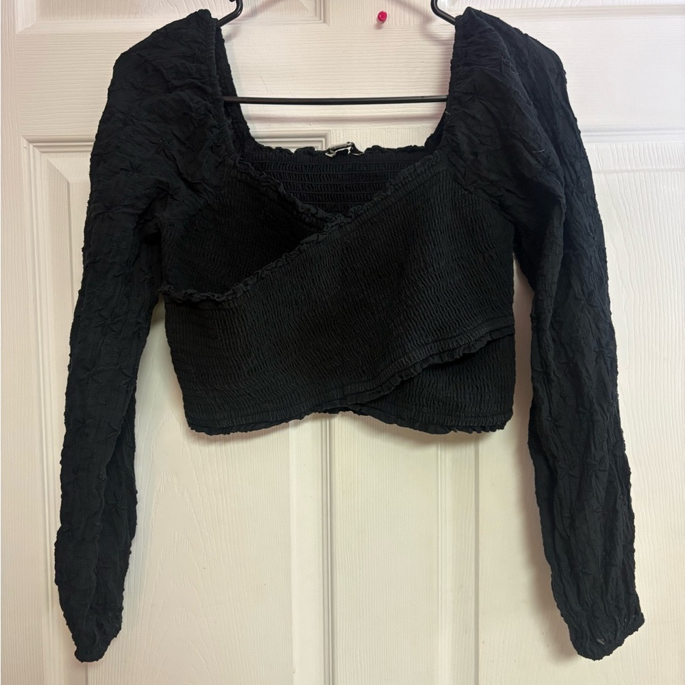 Festival American Eagle Outfitters Black Smocked Wrap Crop Top Medium